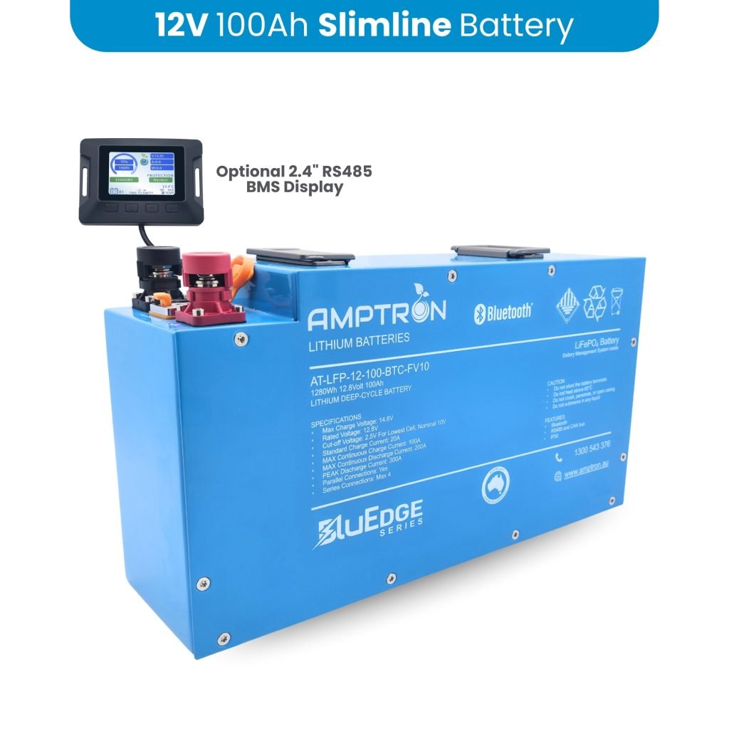 12V 100Ah/200A Continuous Discharge BluEdge SLIMLINE LiFePO4 Battery + Bluetooth + RS485